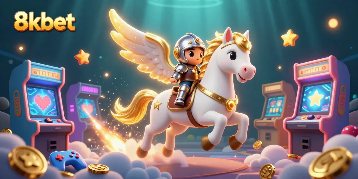 Play casino games with 8kbet, featuring colorful arcade elements and a 3D celestial horse scene.