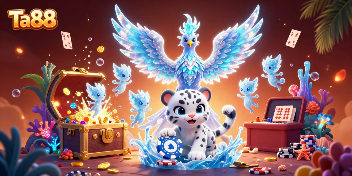 Engage with Ta88's immersive experience featuring a cartoon phoenix, poker chip, and vibrant game elements.