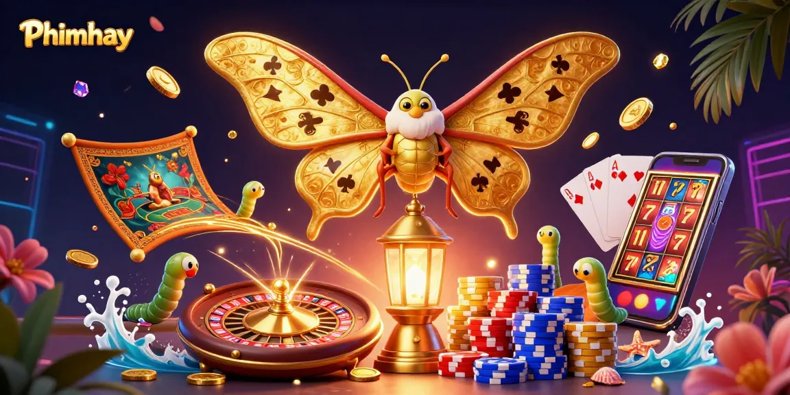 Engage with Phimhay's vibrant casino world featuring golden moths and spinning roulette.