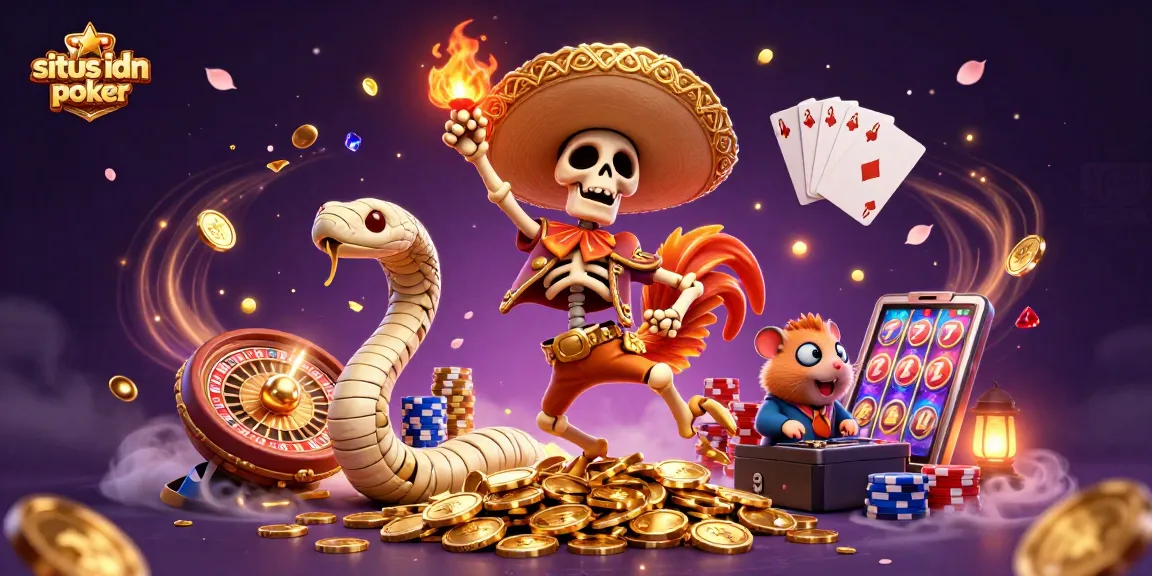 Menangkan permainan di situs idn poker dengan ayam mariachi menang, chip poker, dan koin emas yang bersinar.