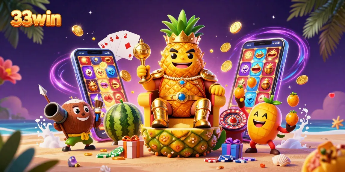 Experience wins at 33win with the vibrant casino scene highlighting the golden pineapple king.
