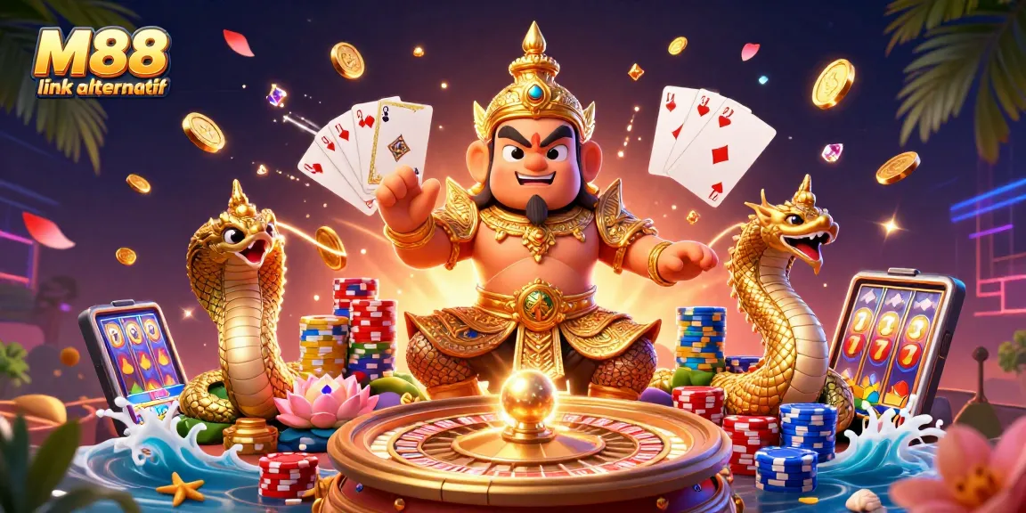Experience M88 link alternatif with vibrant characters and dynamic casino elements in this 3D illustration.