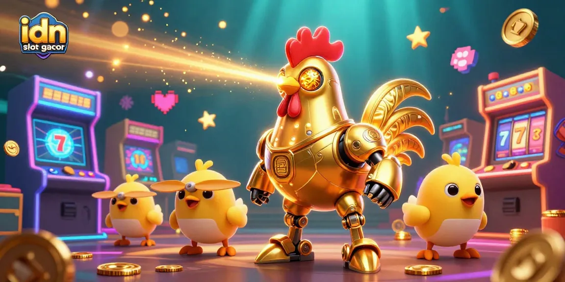 Mainkan idn slot gacor dengan karakter robot ayam emas futuristik dan efek slot yang menarik.