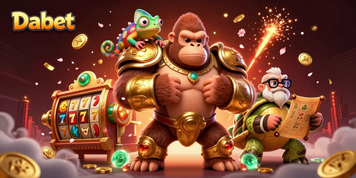 Dabet features exciting slot games in a vibrant 3D illustration with energetic characters and dynamic casino elements.